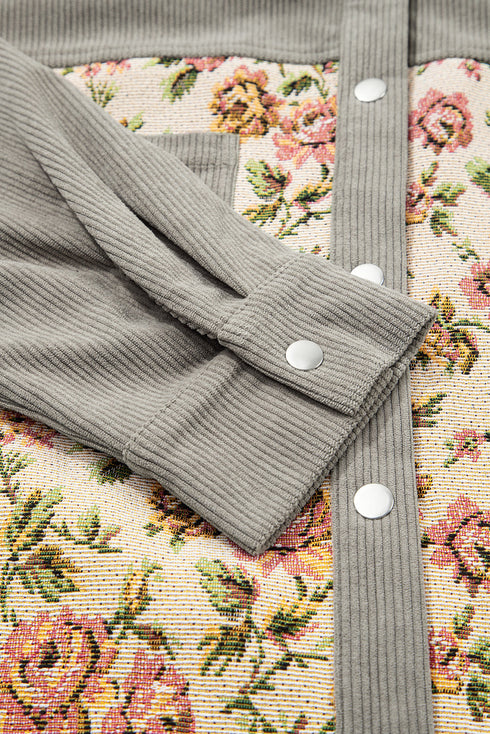 Corduroy Floral Patchwork Snap Front Drop Shoulder Shacket